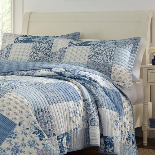 Laura Ashley Quilt Set King Size Floral Cotton Reversible Soft in Blue 3-Piece - Picture 3 of 7