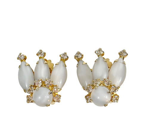 Signed Vintage Warner Clip Earrings - Rhinestones - Milk Glass - Prong Set - EXC - Bild 4 von 7
