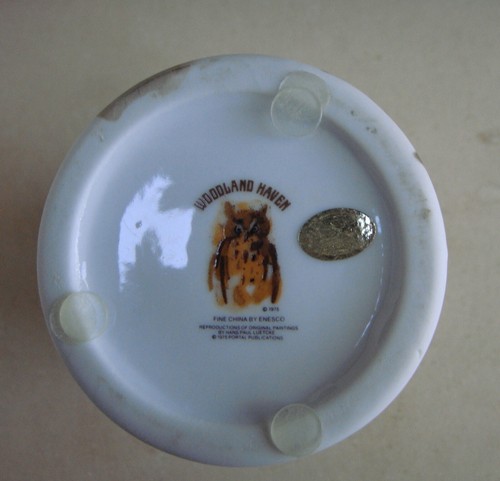 OWLS! Tall vase w/LONG EARED OWL Woodland Haven, ENESCO, ceramic, gold rim, 8" - Picture 7 of 8