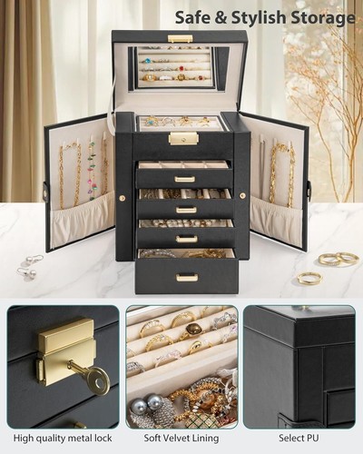 5-Tier Jewelry Box Leather Jewelry Storage Organizer with 4 Drawers Lockable ... - Picture 7 of 9