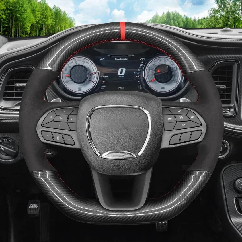 Cubierta de volante de gamuza de carbono sintético para Dodge Durango R/T 2018 2019 2020-2024 Foto 4 de 4