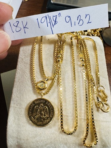NEW 18K 750 Real Gold Dos Pesos Layer Coin Necklace Womens 18” /19” long 9.3g - Picture 8 of 22