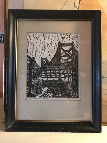 Vtg ink or wood block print, Ben Franklin Bridge, personalised by Tom McAnulty  - Picture 1 of 5
