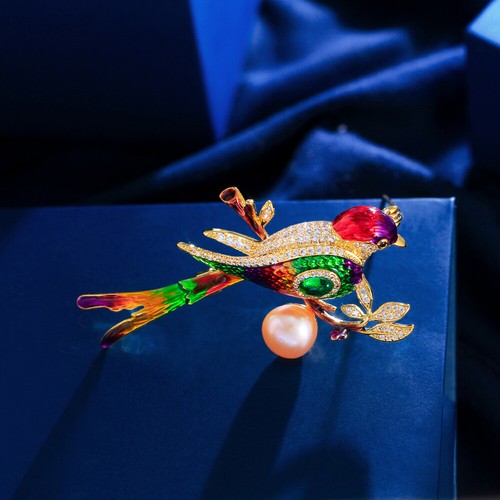 Spilla Perla Grande Uccellino Lussuosa Placcata Oro Giallo Zirconia Multicolori - Foto 6 di 7