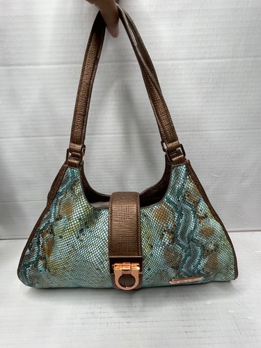 La Gioe Di Toscana Italienische Leder Schultertasche Handtasche Türkis Braun Schlangenoptik