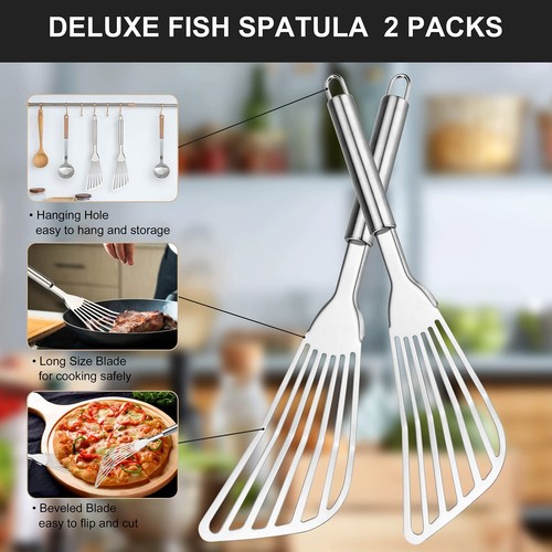 2 Pack Stainless Steel Fish Spatula Slotted Kitchen Cooking Turner for Flipping - Picture 6 of 7