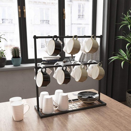 Coffee Mug Rack Metal Black Vintage Cup Holder Stand Storage Base with 14 Hooks - Picture 5 of 12
