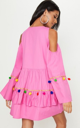 NWT Pretty Little Thing Pink Pom Pom Mirror Trim Shift Dress Size 10 Art to wear - Picture 9 of 15