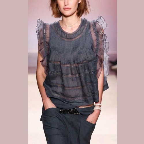 Top ISABEL MARANT Ojima Runway $795 taglia 34 pintuck pizzo seta Ramie MAINLINE RARO - Foto 4 di 12