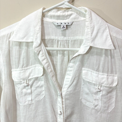 Cabi Crisp White Linen Button Up Shirt sz S Smock Waist Beachy Lagenlook Cruise - Picture 3 of 10