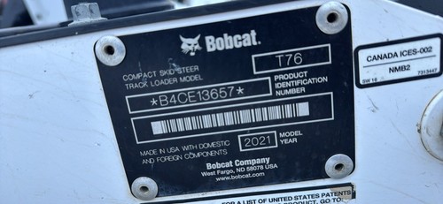2021 BOBCAT T76 SKID STEER LOADER A/C CAB LOADED 1500 Hours - Picture 5 of 10