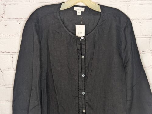J. Jill Love Leinen Blumen Ösen Saum 3/4 Ärmel Knopfleiste Top schwarz Gr. L - Bild 2 von 10