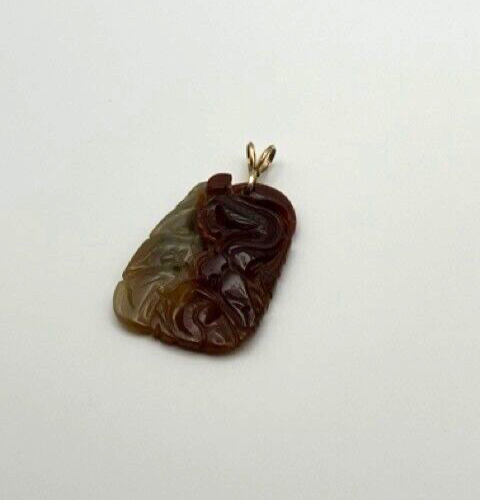 Fine Antique Vintage Green/ Orange Translucent Carved Jadeite Pendant 14k Gold - Bild 5 von 8