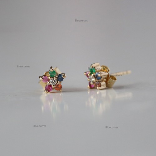 Natural Sapphire, Ruby & Emerald Diamond Peattie Flower Studs Earrings 14k Gold - Picture 1 of 13