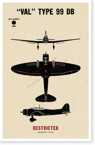 WWII Japanese Val Type 99 D3A Dive Bomber Aircraft Recognition Poster V-1 - Bild 5 von 7