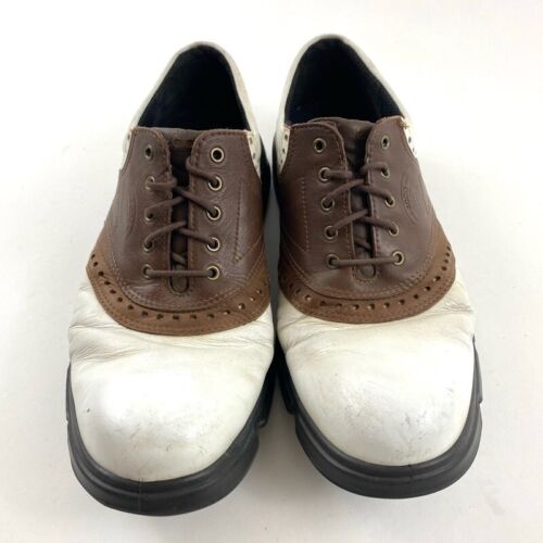 ECCO Mens Oxford Golf Shoes White Brown Leather Saddle Spikes Size US 9 EUR 43 - Picture 3 of 12