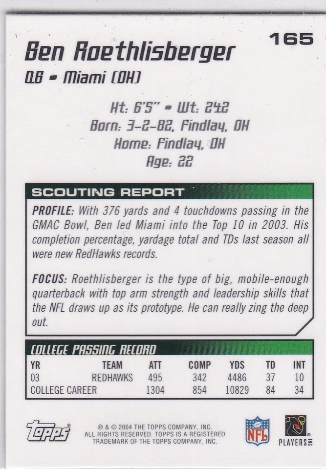 BEN ROETHLISBERGER ROOKIE CARD 2004 Topps Chrome Picks $$ RC Pittsburgh Steelers - Image 2 of 2