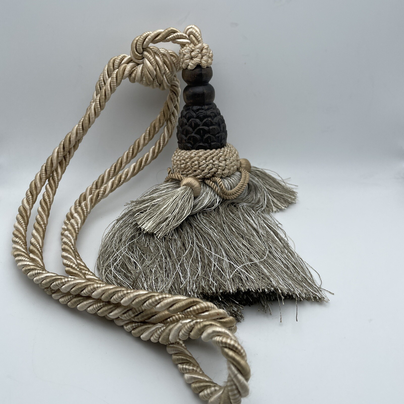 Large 10" Tassel Curtain Drapery Tieback Taupe Gold Brown Ornate Corded Rope