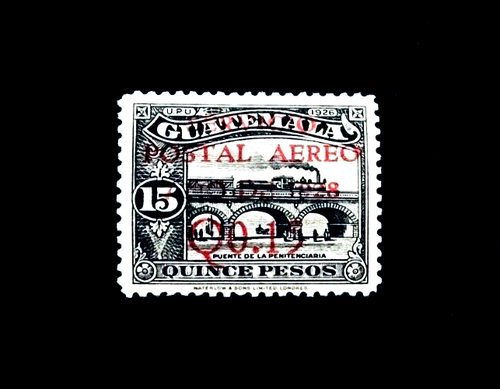 GUATEMALA Stamp - 1929 Railroad Train Red Overprint Air Mail Sn O45 r50