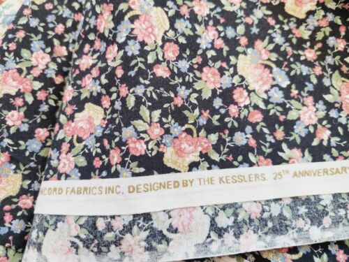 COTTON FABRIC- Pink & Blue Florals on Black by the Kesslers for Concord BTY - Picture 2 of 2