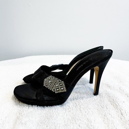 Calvin Klein Black Satin Rhinestone Heels Womens 5.5 Open Toe Anvil - Picture 5 of 10
