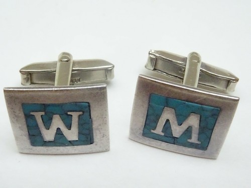 Native American Turquoise Cufflink 925 Silver Cuff Links Mexico M W No. 110 - Picture 2 of 3