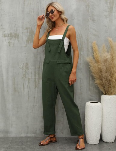 Gihuo Women's Fashion Baggy Loose Linen Overalls Jumpsuit Medium, Army Green - Picture 5 of 6