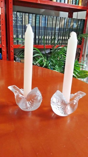 ROSENTHAL STUDIO-LINE GLASS PARTRIDGE BIRDS CANDLESTICKS MCM PAIR BJORN WIINBLAD