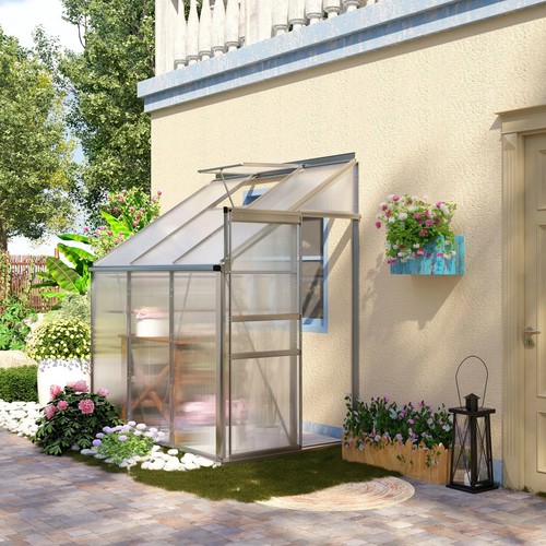 Lean to Wall Polycarbonate Greenhouse Aluminium Walk-in Garden House 6 x 4ft - Picture 2 of 12