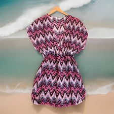 Miken Swim Womens Geometric Pink Sheer Swimming Top Elastic Waist V-Neck Small