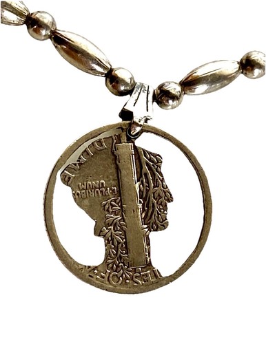 Vintage Native SW Heishi Shell & Cut-Out Mercury Dime Pendant Necklace, 16" - Picture 6 of 8