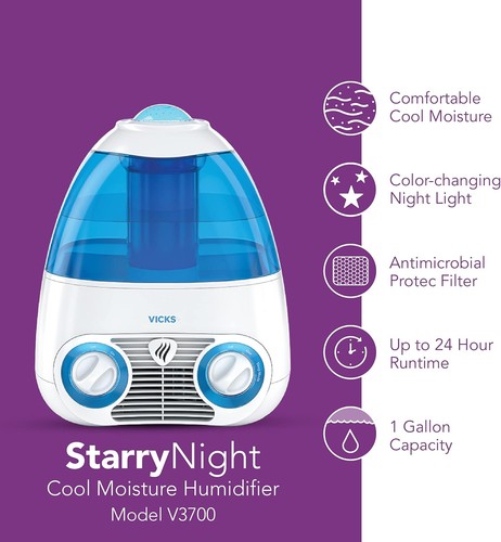 Vicks Starry Night Filtered Cool Mist Humidifier, Medium to Large Rooms, Blue  - Picture 5 of 7