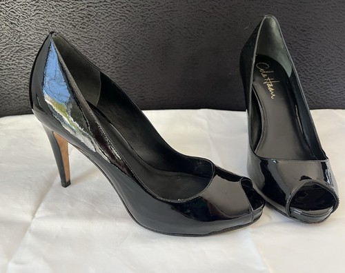 Cole Haan Black Patent Leather High Heels, Sz 7B, Air Tech, Peep Toe GUC - Picture 3 of 10