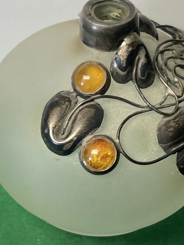 Superb Frosted Glass Bottle Vase Art Nouveau Style Silver Detail Amber Cabochons - Picture 8 of 15