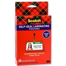 Scotch LS852G Self-Seal ID Badge Laminating Pouches, 25 Pouches With Clips