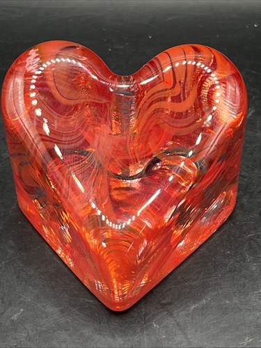 Fire And Light Recycle Glass Heart Paperweight Red Orange Swirl Signed - Picture 13 of 13