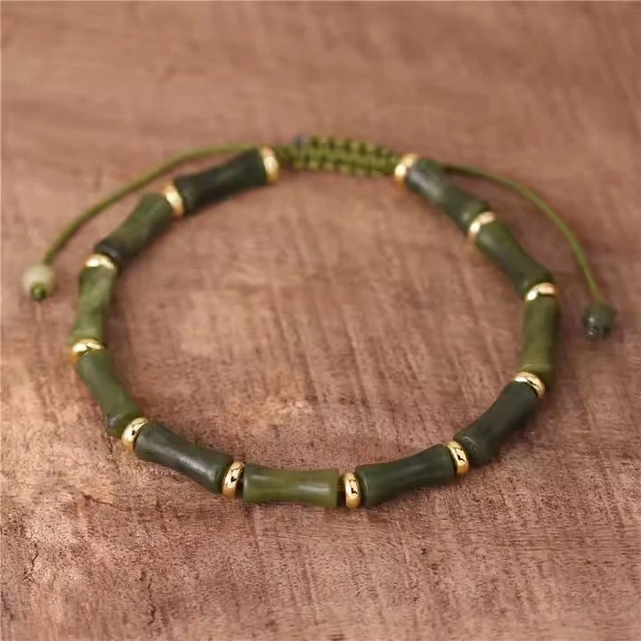 Brazalete de piedras preciosas curativas con cuentas de bambú de jade verde Foto 3 de 3