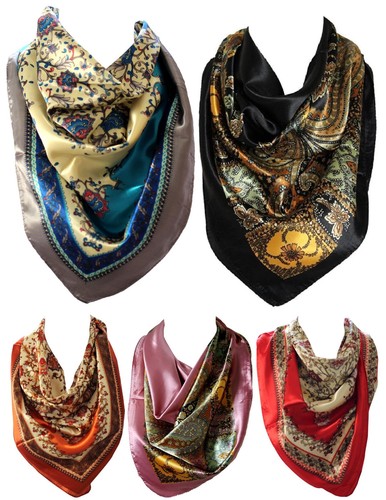 Ethnic Floral Print Silk Satin Bordered Fashion Square Neck Scarf Head Scarves - Picture 7 of 7