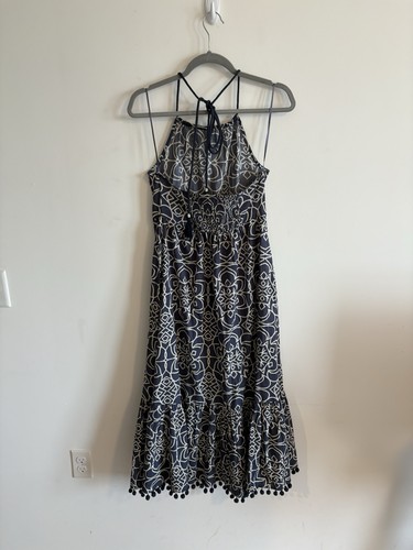 Zara Halter Maxi Dress Blue And Cream Pom Pom Trim Size Small - Picture 5 of 5