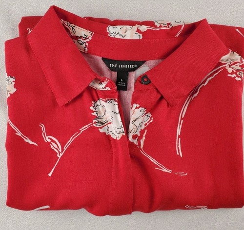 The Limited Shirt Dress Size L Red w/ Pink Carnations Sleeveless Pockets Collar - Picture 7 of 17