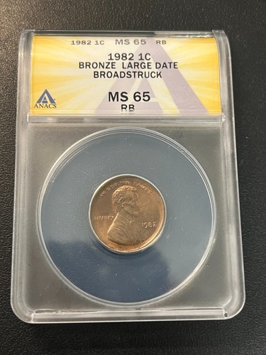 1982 BROAD STRUCK CENT ANACS MS-65 RB - COIN ERROR BROADSTRIKE - CERTIFIED - 1C - Picture 1 of 2