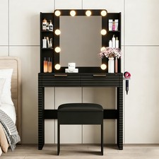 Lighted Makeup Vanity Desk w/ 10 Bulbs, 2 Drawers, Charging Station, Stool