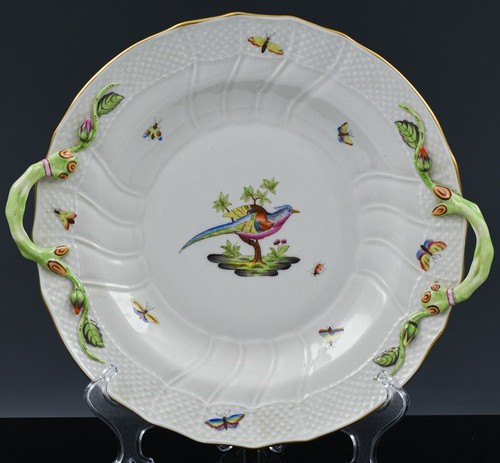 V.FINE VINTAGE HEREND HUNGARY ROTHSCHILD BIRD TWO HANDLED PORCELAIN CAKE PLATE