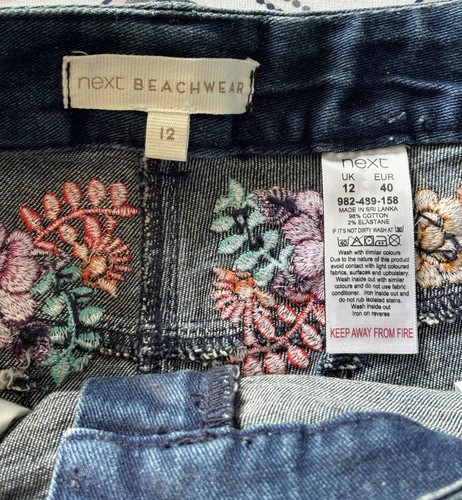 Next Women's Denim Shorts Size 12 Floral Embroidery and Pom Pom Pockets - Picture 9 of 16