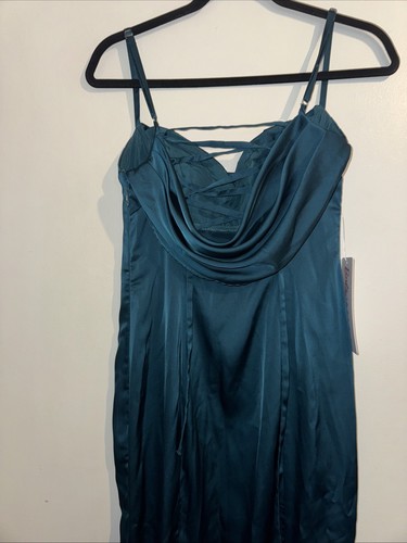 BARBIE AZAZIE 1005 Sz A4 Pleated Lace Up Mermaid Stretch Satin Dress Peacock - Picture 14 of 19