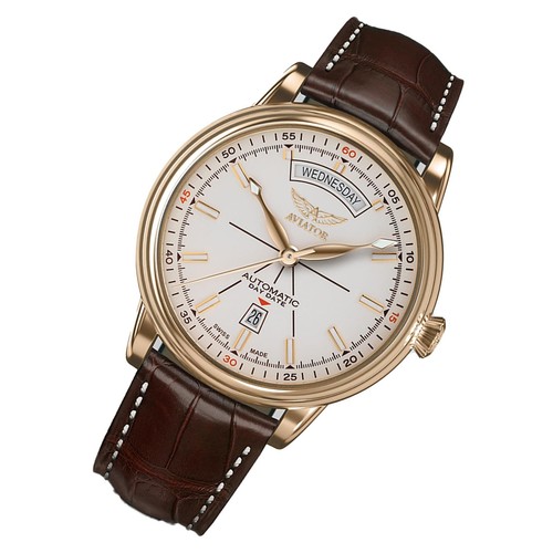 Aviator Brown Leather Ivory Dial Swiss Made Men's Automatic Watch - V32011474 - Picture 2 of 5