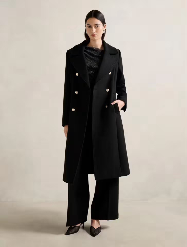 EVER Women's Black Wool Double Breasted Winter Long Military Coat Small
