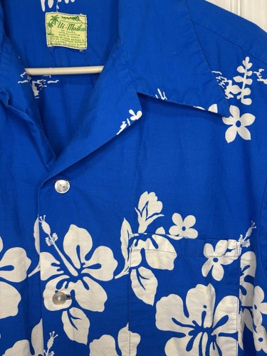 Vintage 1960s Ui Maikai Shirt Mens XL Blue Hawaiian Cotton Floral Made In USA - Picture 3 of 7