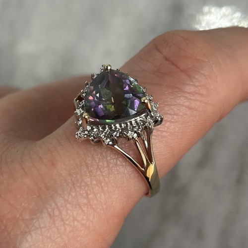 Mystic Topaz Trilliant Diamond Halo Ornate Ring 9ct 9k Yellow Gold - Size S - Picture 3 of 11