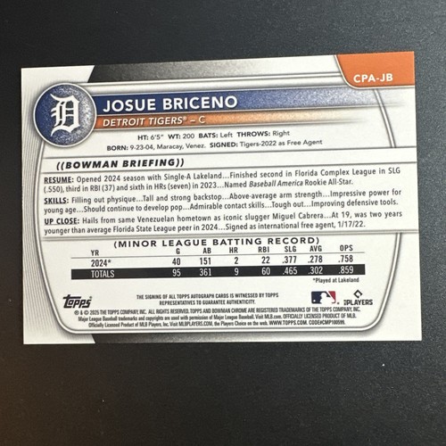 Béisbol Bowman 2025 Josue Briceno Gold Shimmer automático/50 #CPA-JB Tigers - Imagen 2 de 2